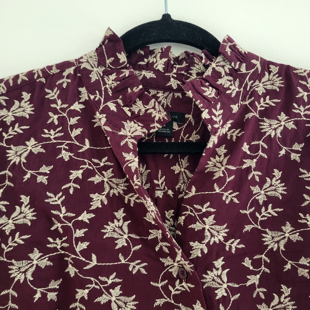 Ann Taylor Sz Medium Burgundy Embroidered Floral Ruffle Button Shirt 100% Cotton - Picture 3 of 9